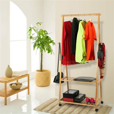 LEX Portable Hanging Clothes Rack with Wheel, Bamboo, Brown and Black - Walmart.com