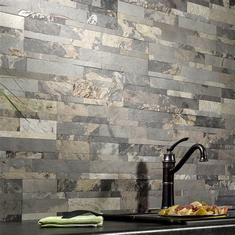 5.9" x 23.6" Natural Stone Peel & Stick Mosaic Tile | Stone tile backsplash, Slate backsplash ...