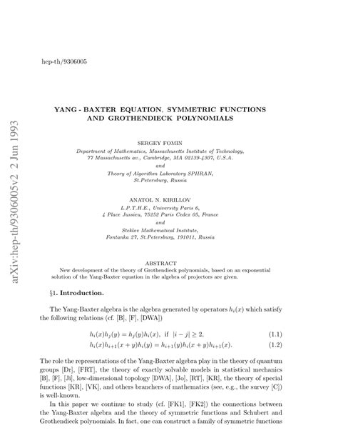 (PDF) Yang-Baxter equation, symmetric functions and Grothendieck ...