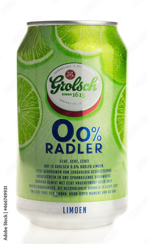 Can of Grolsch non-alcoholic Lime Radler beer isolated on white Stock Photo | Adobe Stock