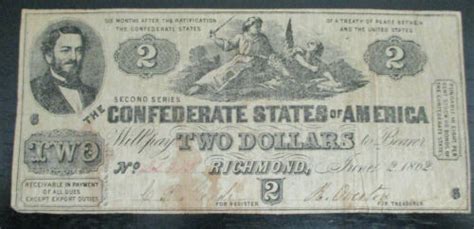 Civil War Confederate States of America Two Dollar Bill 1862 Richmond ...