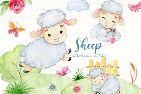 Cute Sheep Clipart, Watercolor Farm animal Bundle | Baby Lamb png. By WatercolorPNG | TheHungryJPEG