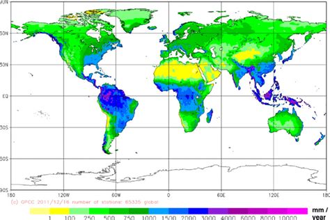 Mean annual precipitation (mm/year) on a 0.25° grid from the new GPCC... | Download Scientific ...