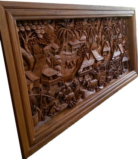 Large carved teak wood wall art decor 3D panel with beautiful | Etsy