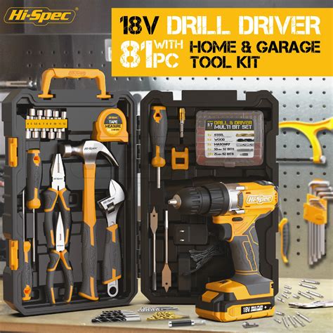 81pc Home Garage Tool Set With 18v Drill Driver Professional Steel ...