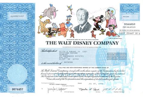 1998 Walt Disney Company Stock Certificate, 2 Shares, Uncancelled: Flying Tiger Antiques Online ...