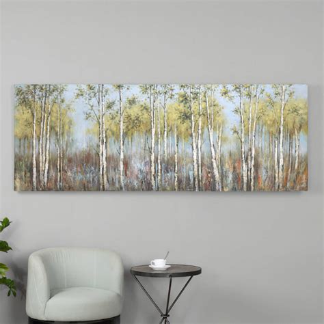 A serene, forest landscape is portrayed in this hand painted artwork on canvas. Each piece ...