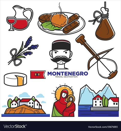 Montenegro culture and landmarks icons Royalty Free Vector