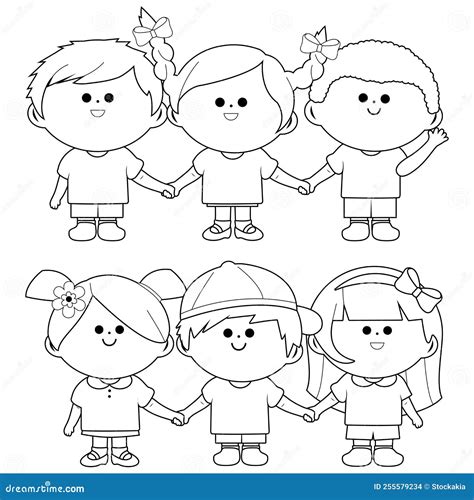 Group of Children Holding Hands. Vector Black and White Coloring Page ...