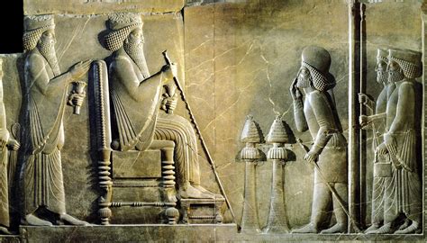 Treasury relief, Persepolis. Xerxes enthroned, with crown prince Darius ...