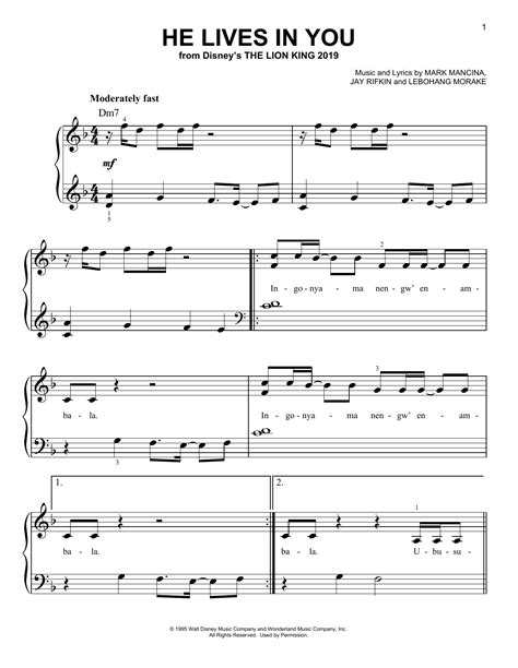 Lebo M 'He Lives In You (from The Lion King 2019)' Sheet Music Notes ...