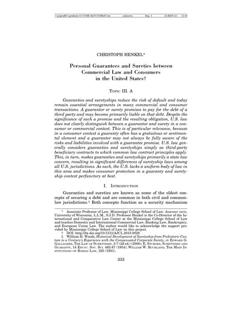 (PDF) Personal Guarantees and Sureties between Commercial Law and Consumers in the United States