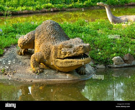 Sculpture of dinosaurs in Crystal Palace Park south London UK made by ...