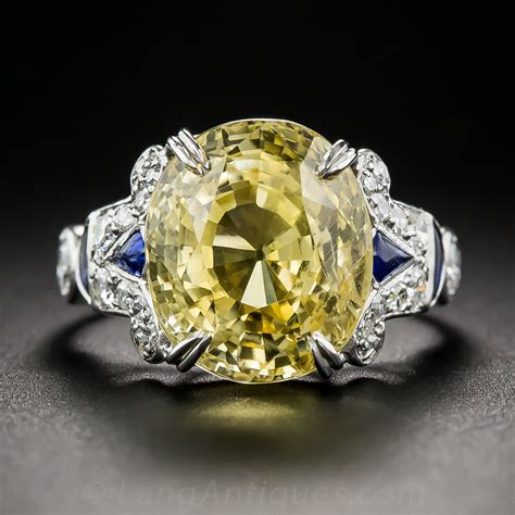 12.03 Carat Natural Yellow Sapphire and Diamond Art Deco Style Ring