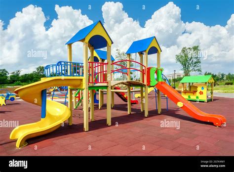 Children playground equipment. Colorful playground empty. Outdoor ...