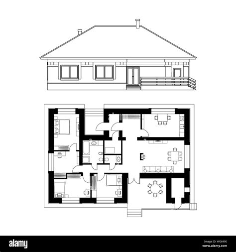 Architectural project of a house. Drawing of the facade and floor plan of the cottage. Vector ...