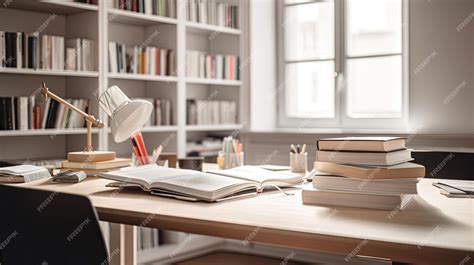 Premium AI Image | A desk with books and a bookcase in the background