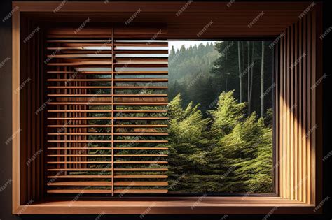 Premium AI Image | Window with wooden louvers and view of forest