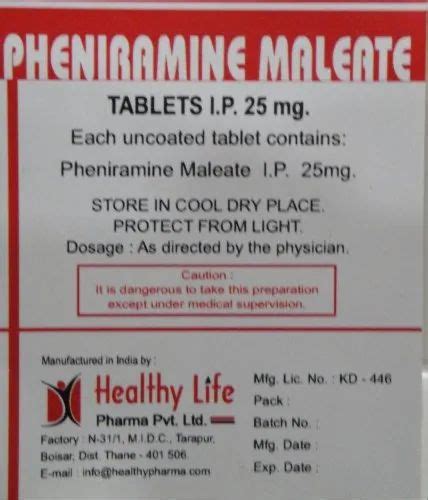 Pheniramine Maleate Injection I P, 10 X 10 Tablets, Prescription at Rs 4.84/strip in Mumbai