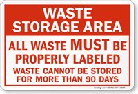 Waste Cannot Be Stored For More Than 90 Days Sign, SKU: S-6365