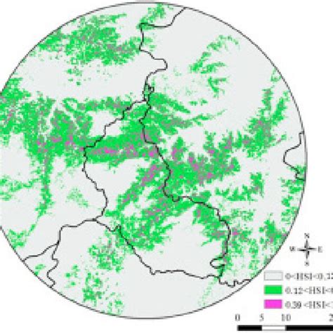 Habitat suitability map for crested ibis. The map of suitable habitat... | Download Scientific ...