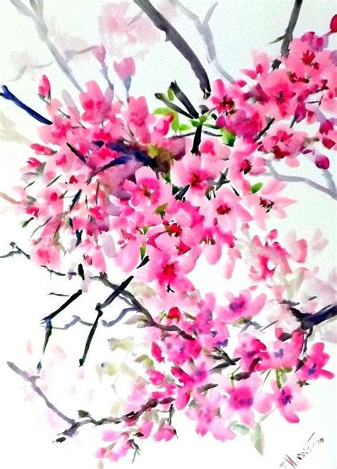 Cherry Blossom, original watercolor painting, 16 X 12 in, floral painting, Asian style ...