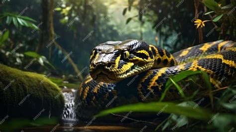 Premium AI Image | Giant anaconda yellow eyes stalking prey