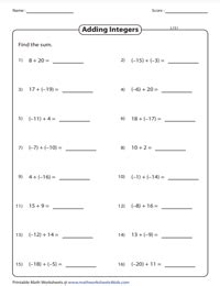 Adding And Subtracting Integers Worksheets Grade 7