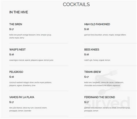 Hive & Honey Rooftop Bar menu in Irvine, California, USA