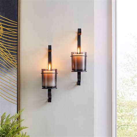 Amazon.com: Vintage Black Wall Sconce Candle Holder Set (2) with Smoke Glass Hurricanes Modern ...