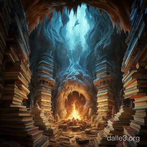 Enchanting Cave Library Illuminated by Central Bonfire | Dalle3 AI