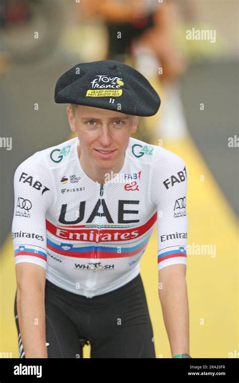 Tadej Pogacar of team UAE Emirates at Tour de France 2023 wearing beret ...