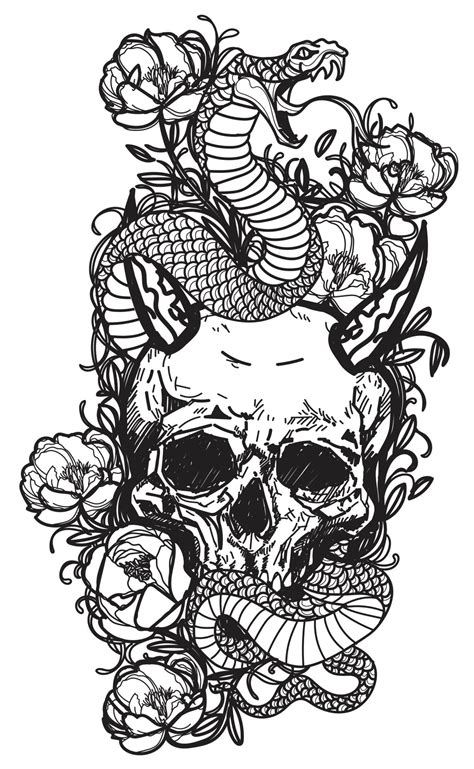 tattoo art skull and snake sketch black and white 7340274 Vector Art at Vecteezy