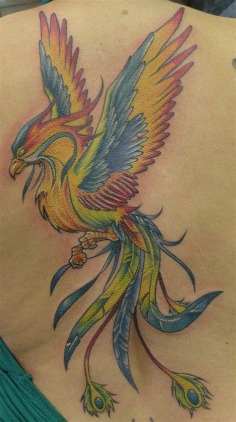 Rainbow color Phoenix Tattoo On Back