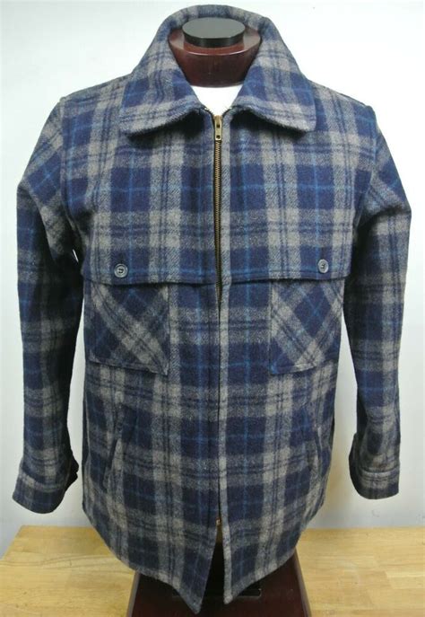 Johnson Woolen Mills Wool Cruiser Jacket Coat Blue Gray Plaid USA - Men's 46 R # ...