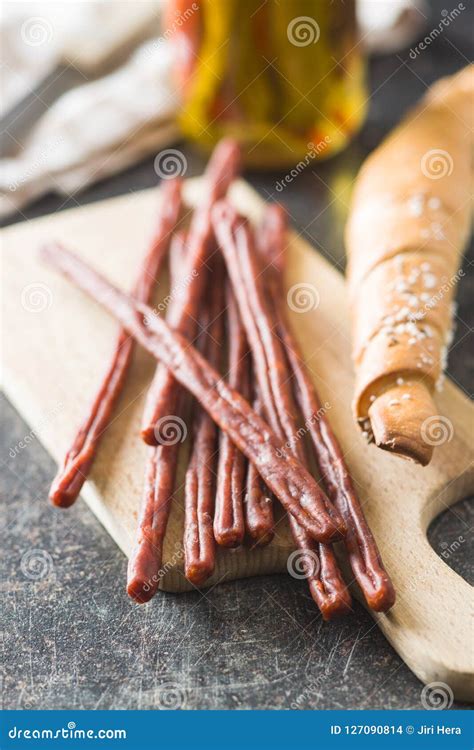 Sausage sticks snack. stock photo. Image of delicatessen - 127090814