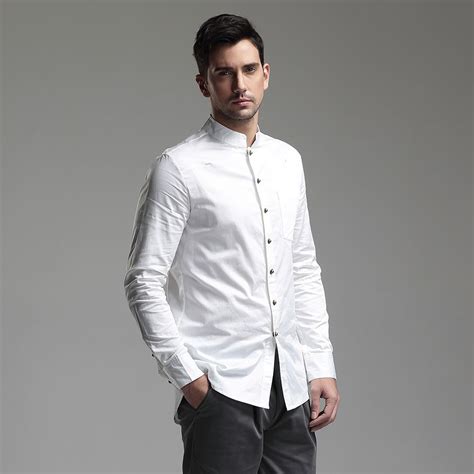 Modern Mandarin Collar Snap Button Shirt - White | Chinese shirt, Mandarin collar, White shirt men