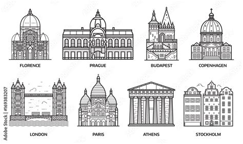 European monuments and landmarks. Europe travel destinations with famous buildings and tourist ...