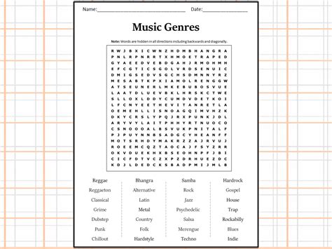 Music Genres Word Search Puzzle Worksheet Activity | Teaching Resources