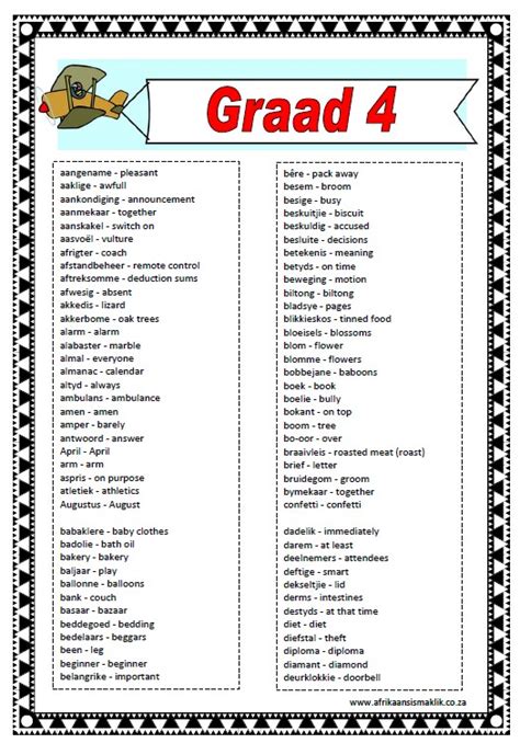 Grade 4 Afrikaans Vocabulary