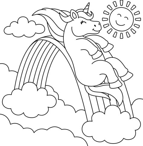 Unicorn Sliding Over The Rainbow Coloring Page 5723215 Vector Art at Vecteezy