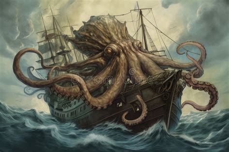 Giant Octopus Kraken Wrapping Its Tentacles Around Boats in the Sea ...