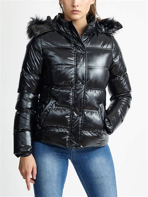 Womens Puffer Jacket Wet Look Bubble Faux Fur Coat Size 10 8 12 14 16 Black | eBay