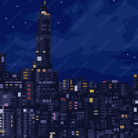 pixel art city night view Stock Vector | Adobe Stock