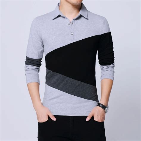 Mens T Shirts Fashion Contrast Color Patchwork Long Sleeve Slim Fit Cotton Collar T Shirt Male ...