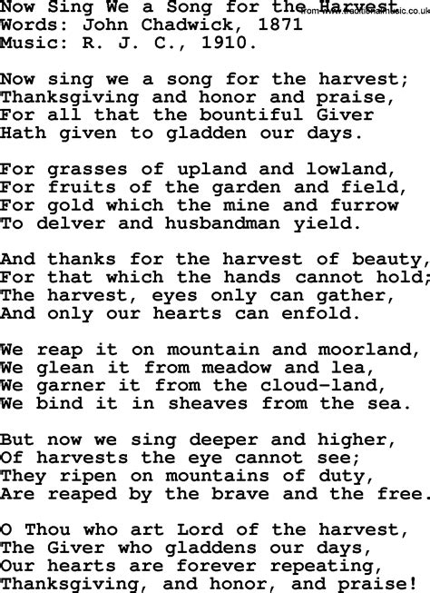 Thanksgiving and Harvest Hymns & Songs: Now Sing We A Song For The Harvest - lyrics, and PDF