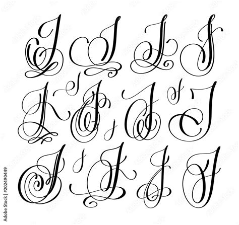 calligraphy lettering script font J set, hand written Stock Vector ...