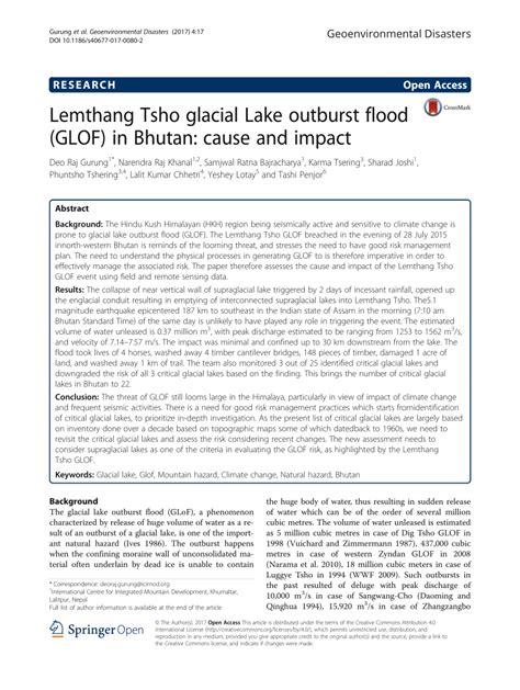 (PDF) Lemthang Tsho glacial Lake outburst flood (GLOF) in Bhutan: cause ...