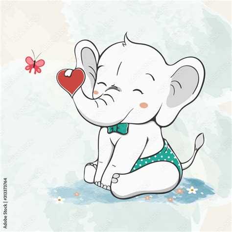 Cute baby elephant with heart water color cartoon hand drawn vecter illustration. Use for Happy ...