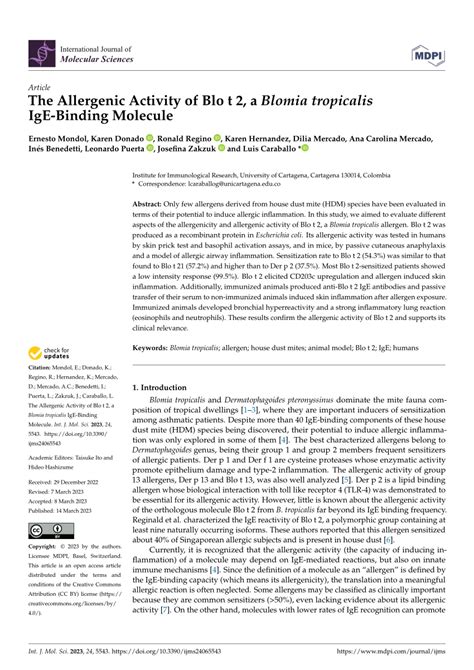 (PDF) The Allergenic Activity of Blo t 2, a Blomia tropicalis IgE-Binding Molecule